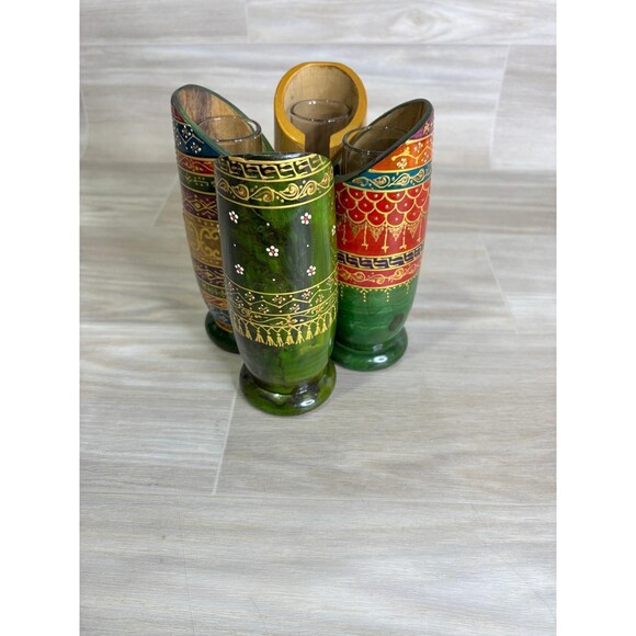 Handmade North Africa Olive Wood 4 Shot Mugs Hand Crafted Glass Mugs Colorful - Picture 11 of 12